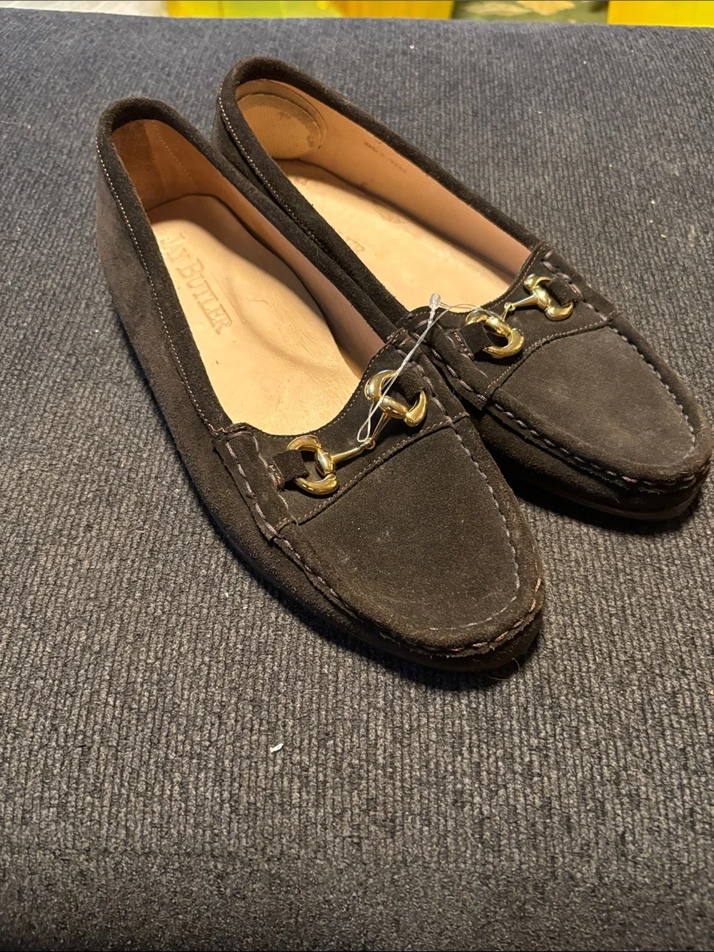Anne Klein Dark Brown Suede Loafers with Gold Hardware